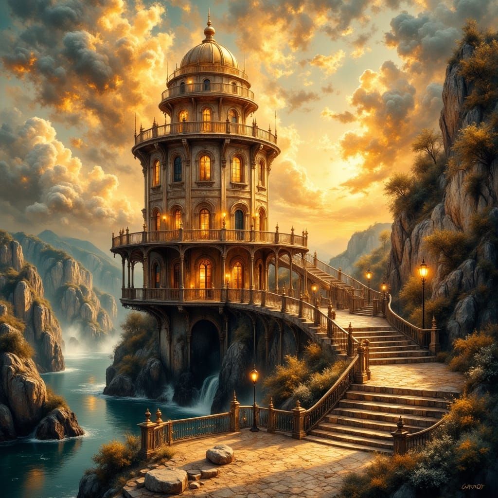 A beautiful romantic Archimode,  enlightened lighthouse on rocks in the middle of the sea at sunrise. ...  by @Jai