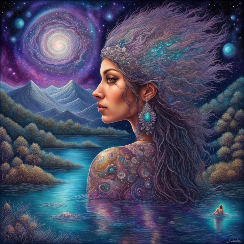 beautiful cherokee native girl swimming in the lake at night cosmic ...