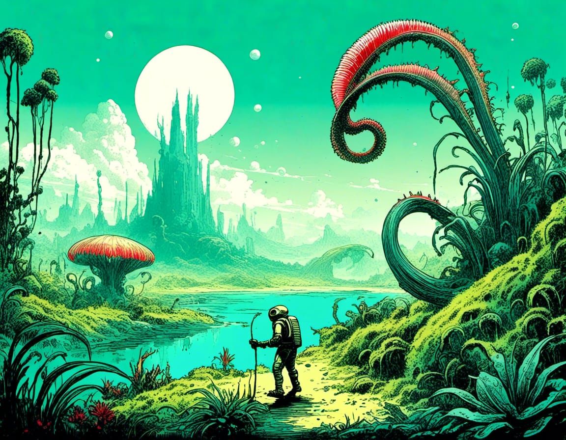 <lora:Fae Space:1.0>16k, No Man's Sky landscape of a carnivorous plant planet, lush rainforest, teal oceans, with foreground of Amazing loo...