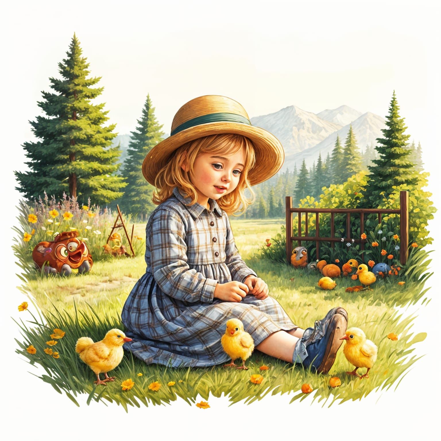 Girl with Chicks in Watercolor Garden