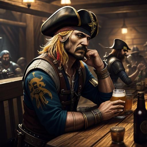 A pirat battle in tavern drinking beer