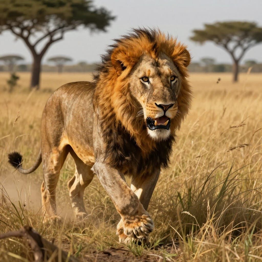 Fearsome Lion Running in Wild Savanna, Digital Painting