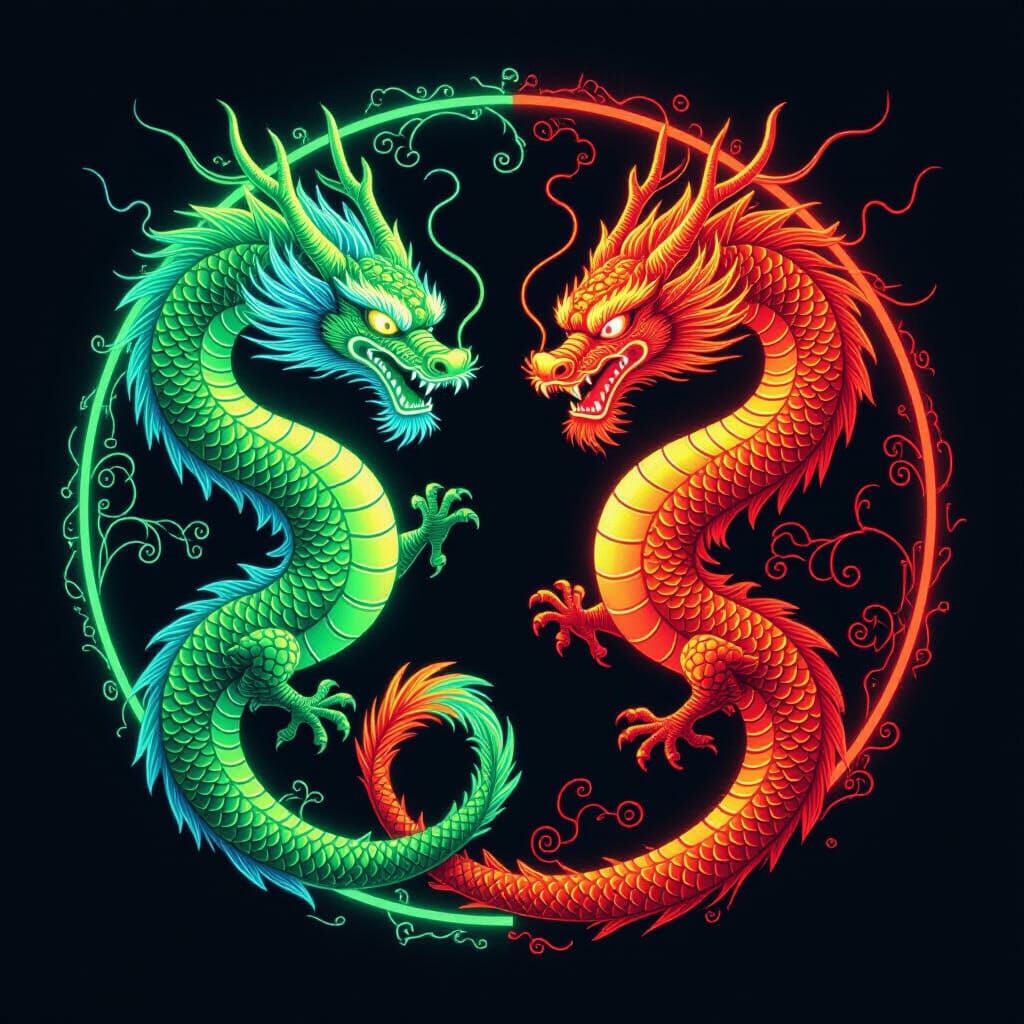 Draw two Chinese dragons, one is neon green and the other is neon orange. Put them in a circle

  by @Chipmonkey