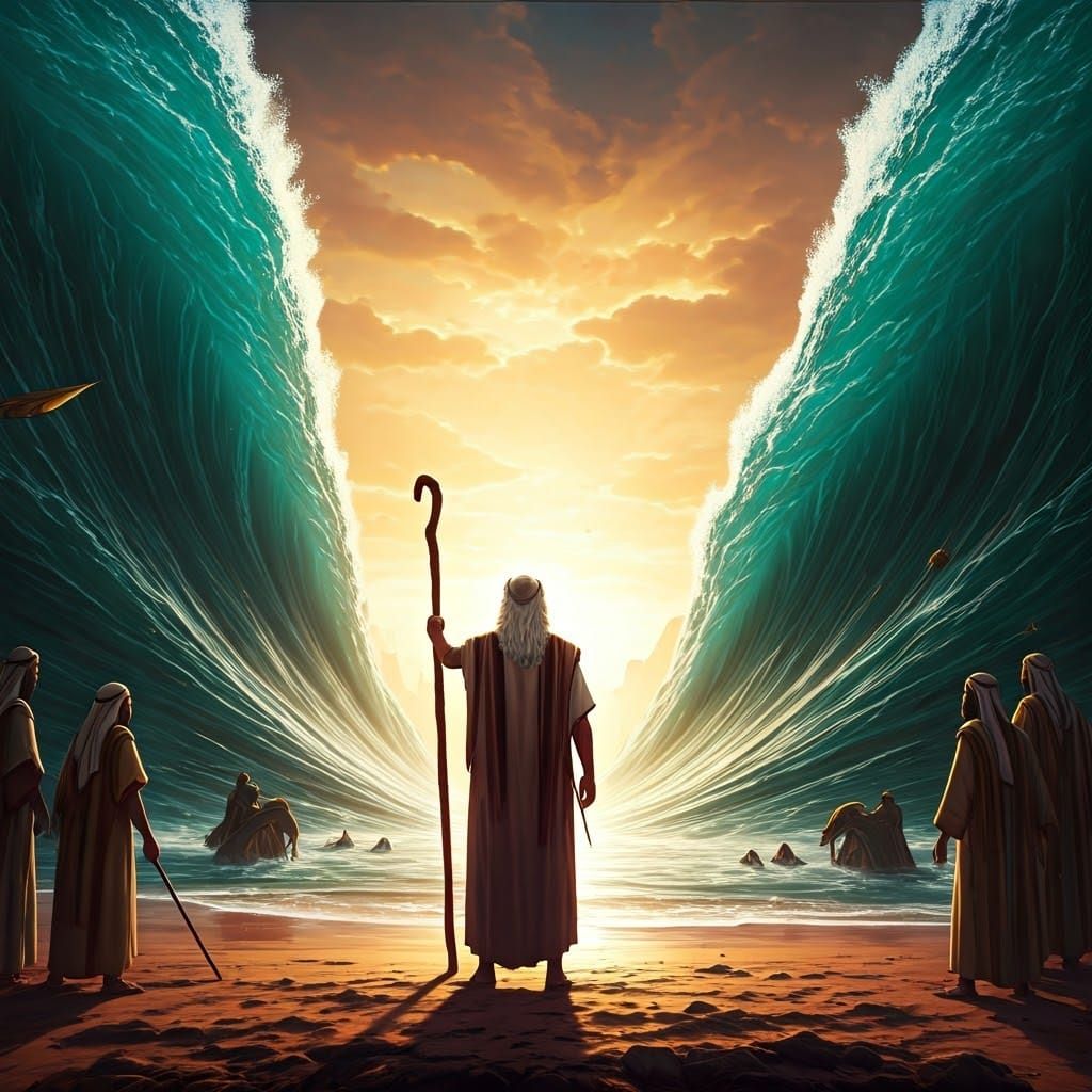 Triumphant Moses Parting the Red Sea in Vibrant Fantasy Styl...