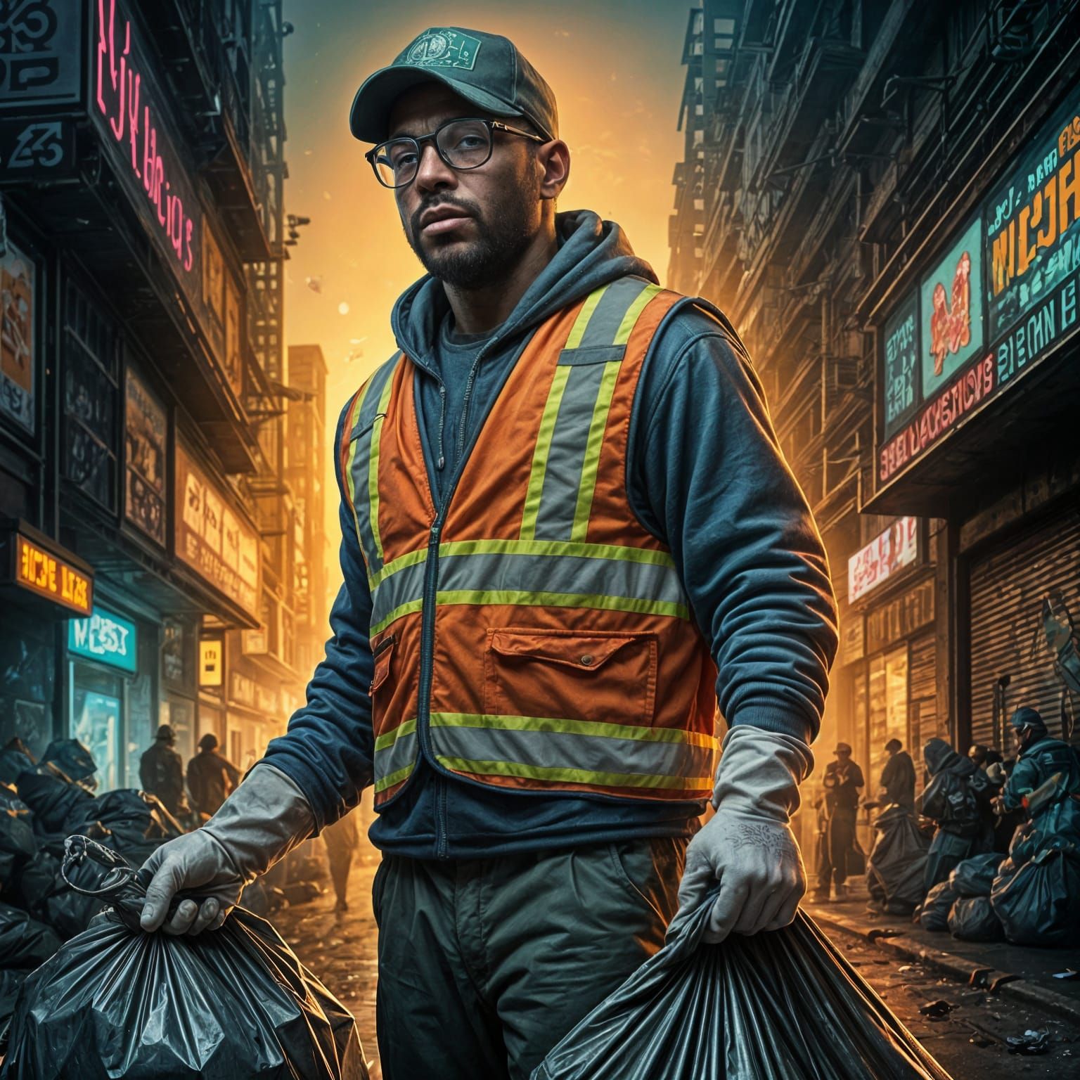 A sanitation worker collecting trash in a bustling city  by @Lilit