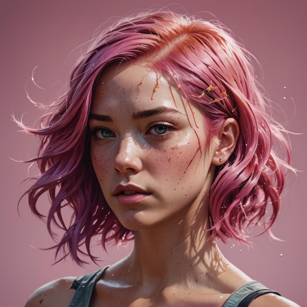Pink Hair Hyperrealistic Portrait with Splash Art Style