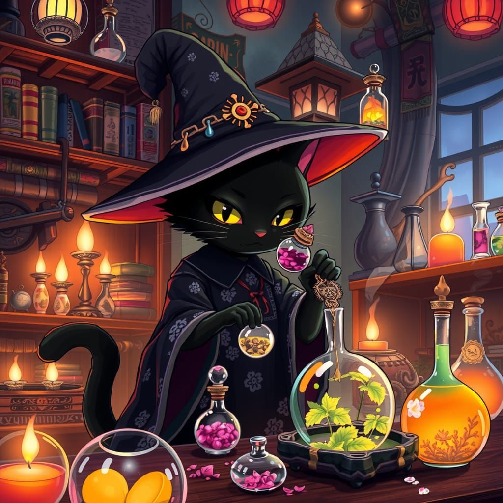 Cute Black Cat Witch Brews Manga Potion