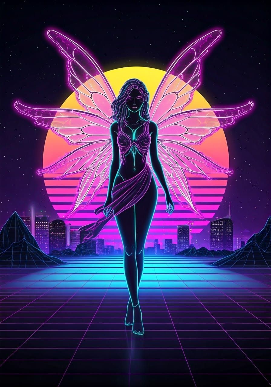 A Neon fairy in a futuristic kingdom synthwave neon retro