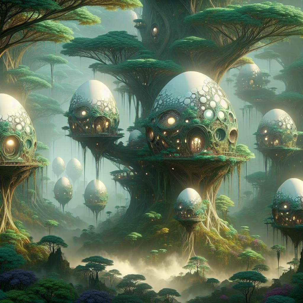 Egg (or Egg-shaped?) Treehouses on an Avian-Humanoid World  by @Jim B