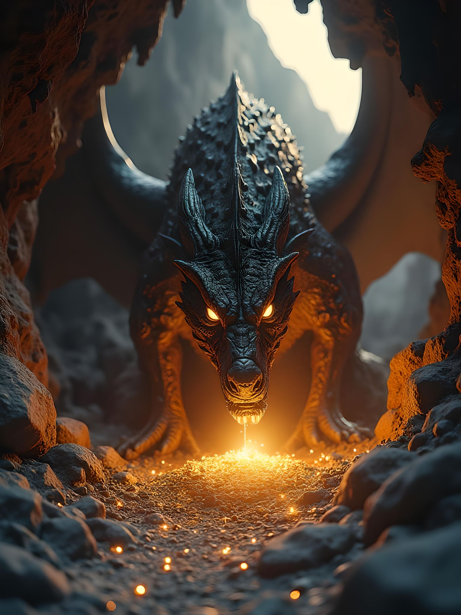 Dragon Guarding Treasure: Hyperdetailed Charcoal Drawing