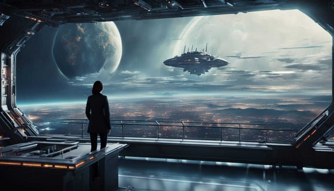 a view from a space station viewing lounge, a young woman watching a departing colony spaceship