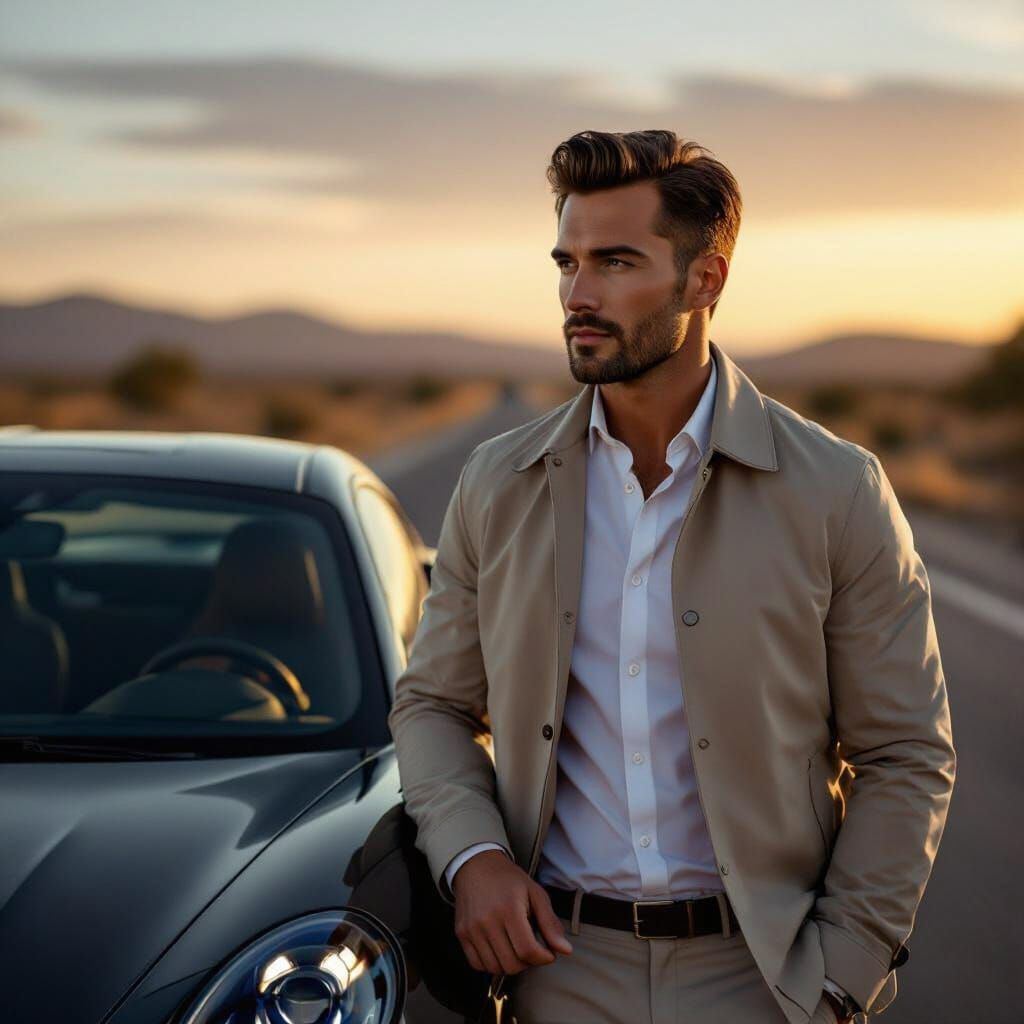 Elegant Man and Luxury Car at Sunset
