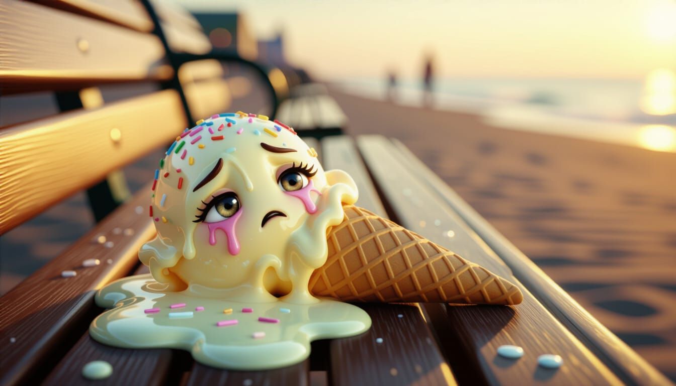 Melting Ice-Cream Cone Having an Existential Crisis

Realistic whimsical sadness

Prompt:
Sunny boardwalk by the sea, melting ice-cream cone...
