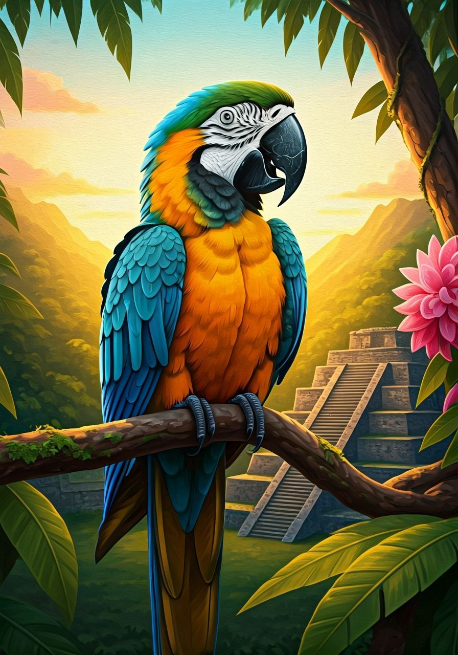 Macaw at an incan structure