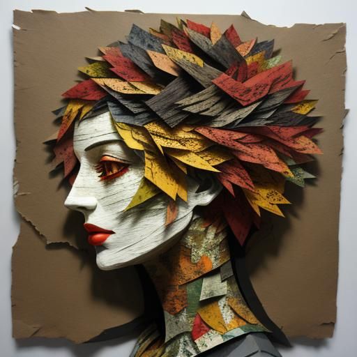 3D, textured torn paper collage art - autumn cozy trees in w...