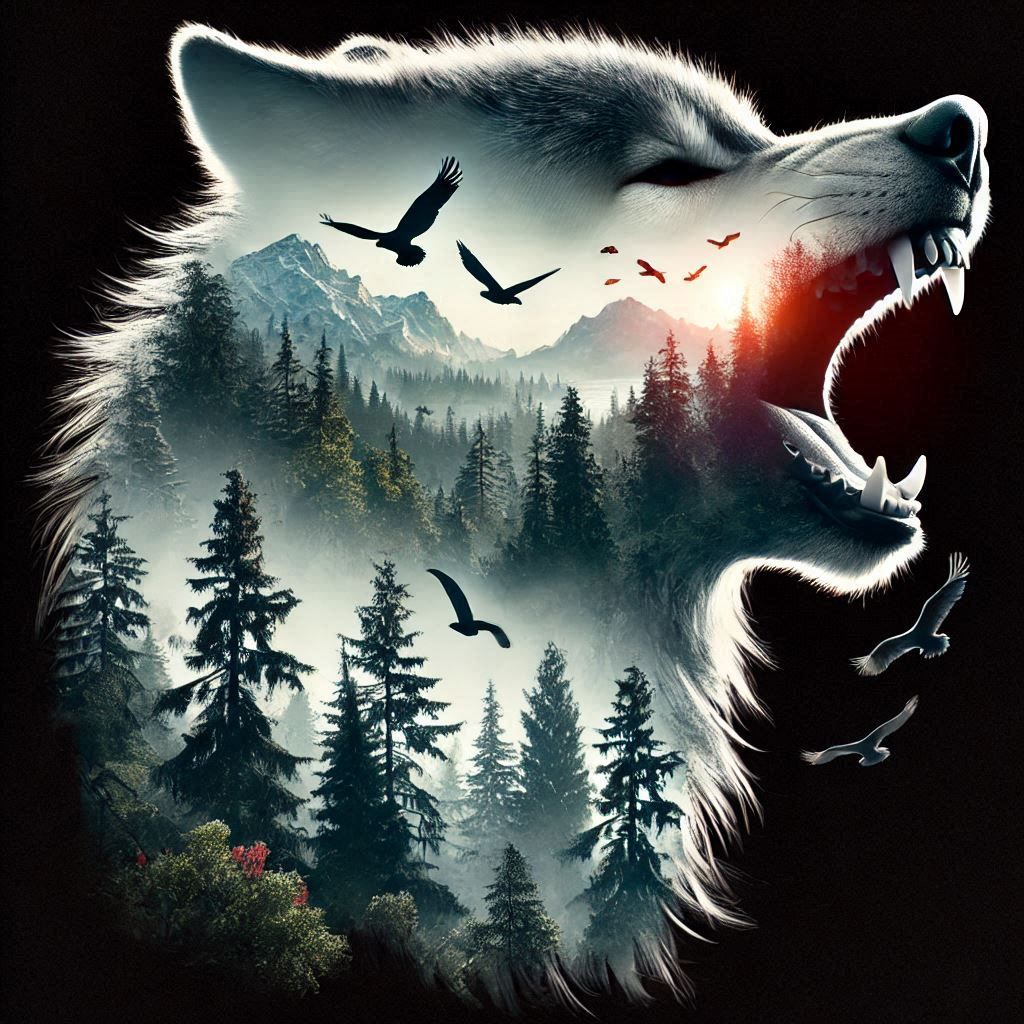 A double exposure of a wolf