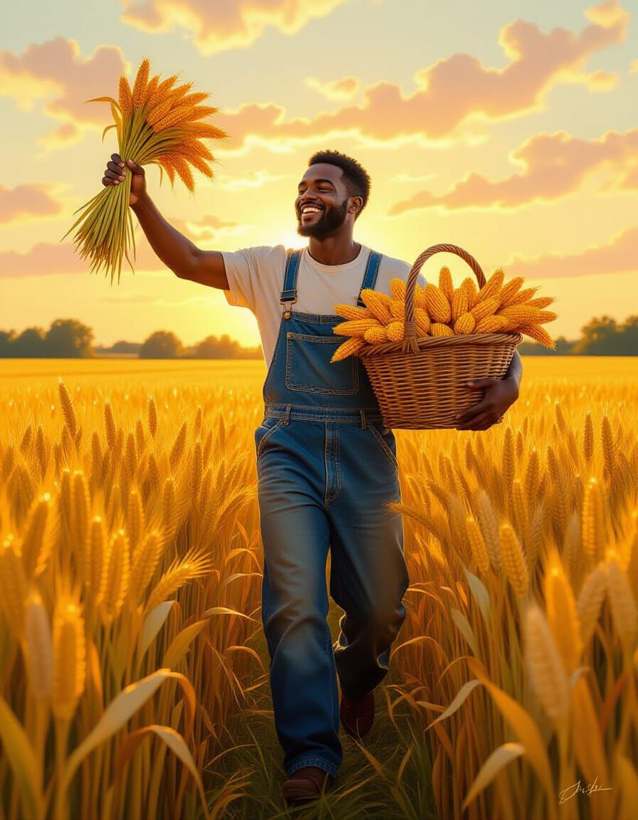 A whimsical illustration of a Black man in worn denim overalls, joyfully kicking up golden stalks of ...  by @Mthatha CHUMA 