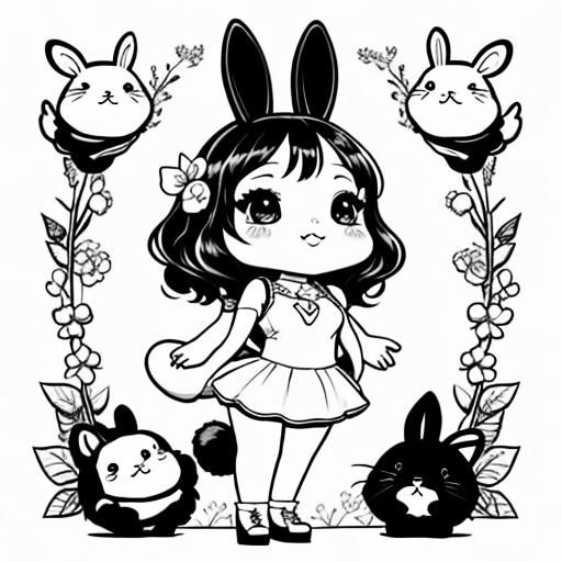 <lora:Coloring Page SD15:1.0> Chibi Bunny, cute, adorable, c...