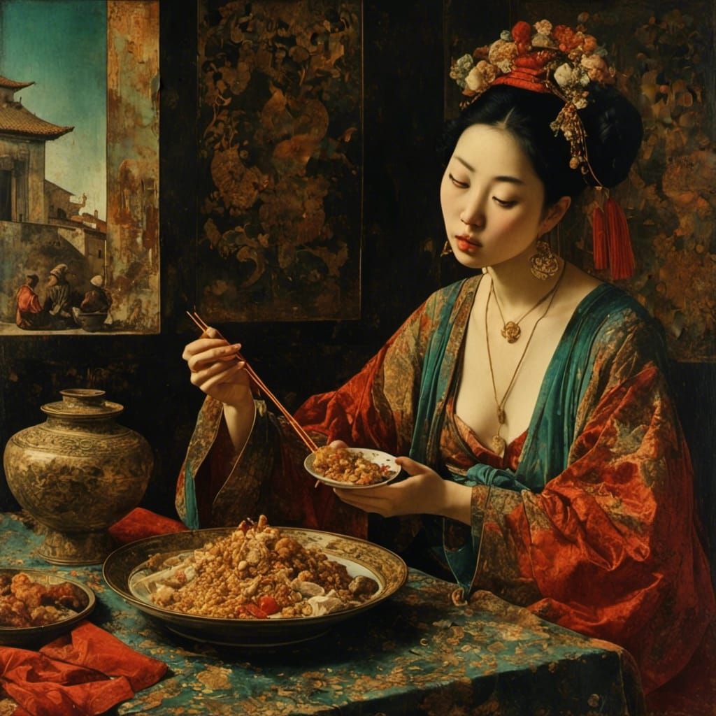girl eating chinese food <lora:Medieval Paintings:1.0>