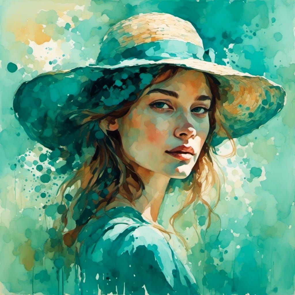 Turquoise girl portrait with summer hat