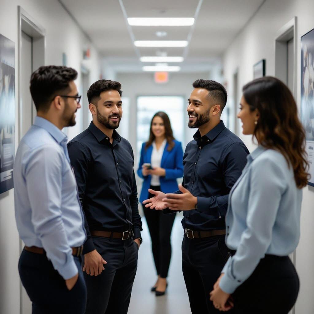 Prompt 1: Initial hallway discussion Characters: Four professionals stand in a closed circle in a well-lit office hallway. Two men and two w...