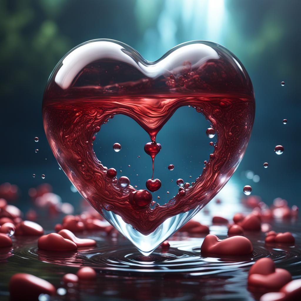 A glass heart floating above water with liquids around it