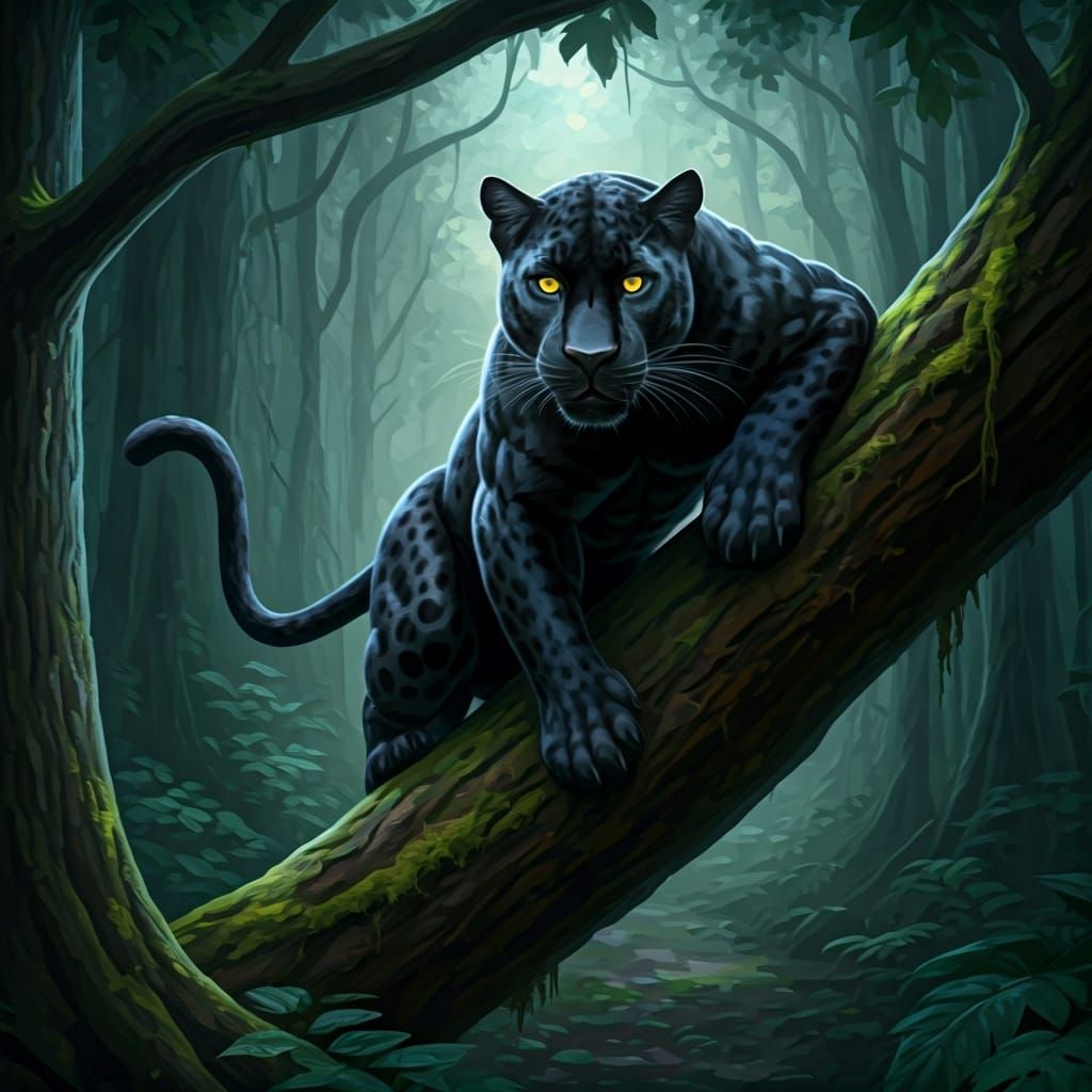 A muscular black panther with sharp feline eyes climbs up a diagonal tree branch in a dense forest at night. Oil painting.