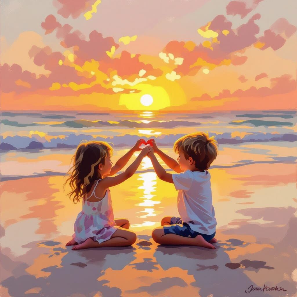 Joyful Children Make Heart on Beach at Sunset