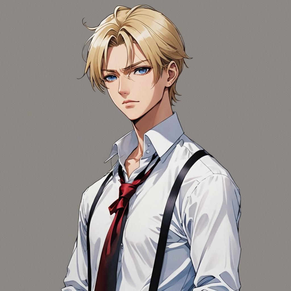 A young man with slicked-back, long, blonde hair that ends a...