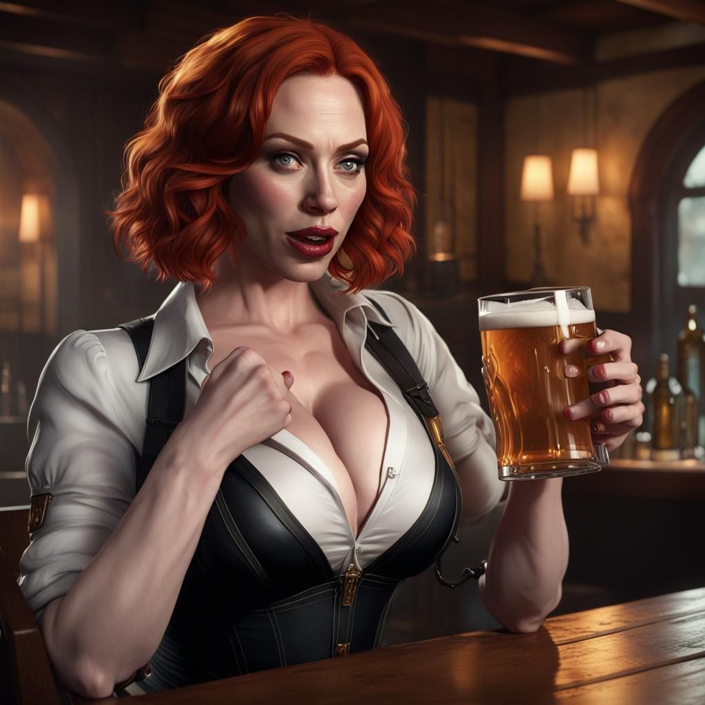 Christina Hendricks as Black Widow drinking a glass mug of b...