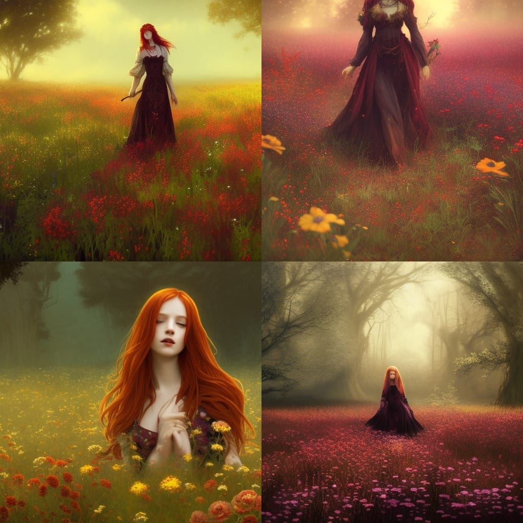 High Gothic Ginger Girl in Crimson Forest, Hyperdetailed Art
