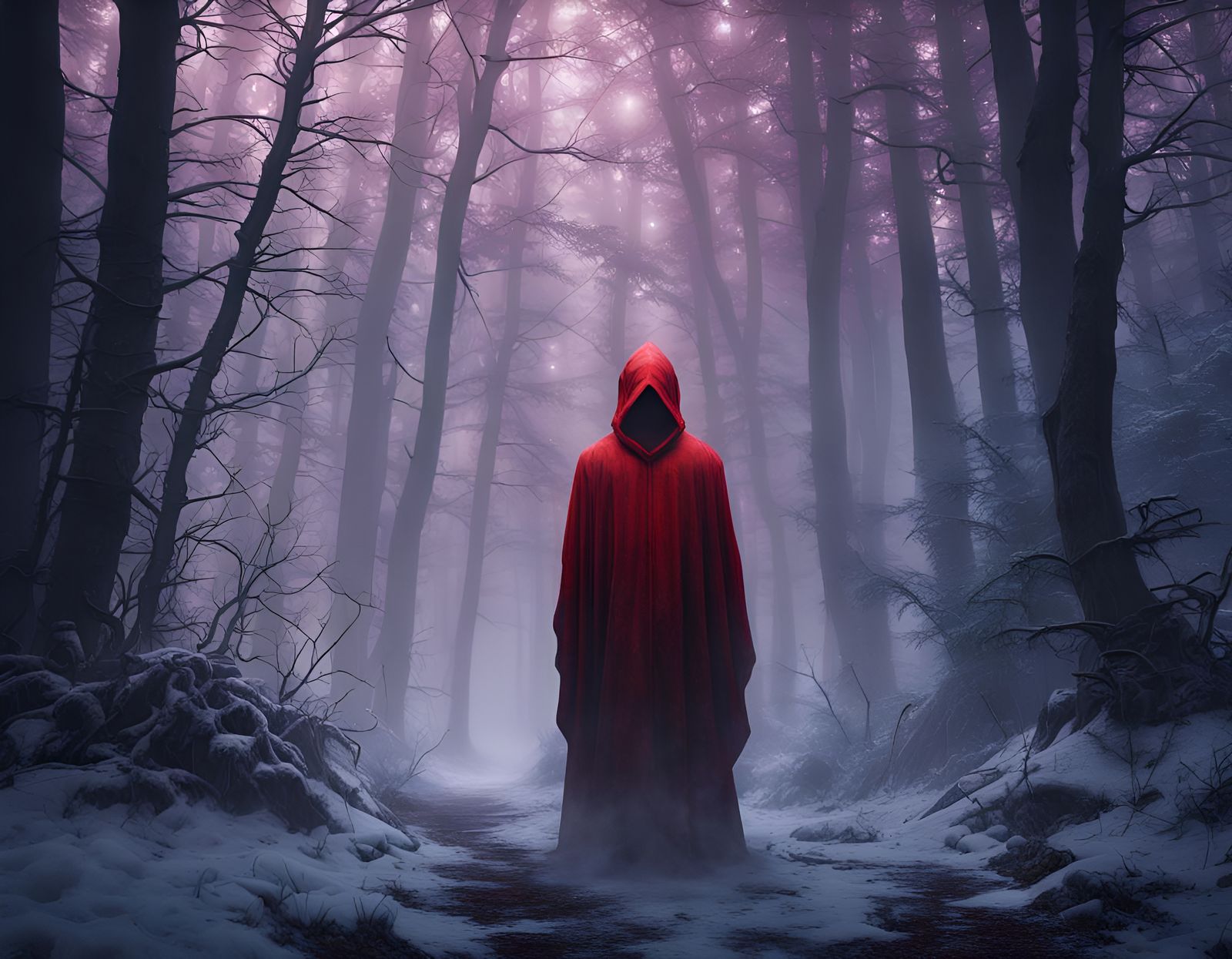 Menacing Red Hooded Figure in Eerie Winter Forest