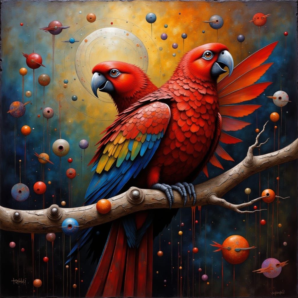 Oil painting, red parrot on a perch, dramatic lighting, chiaroscuro, bright, beautiful, detailed, encaustic, by James Gurney, Pino Daeni <lo...