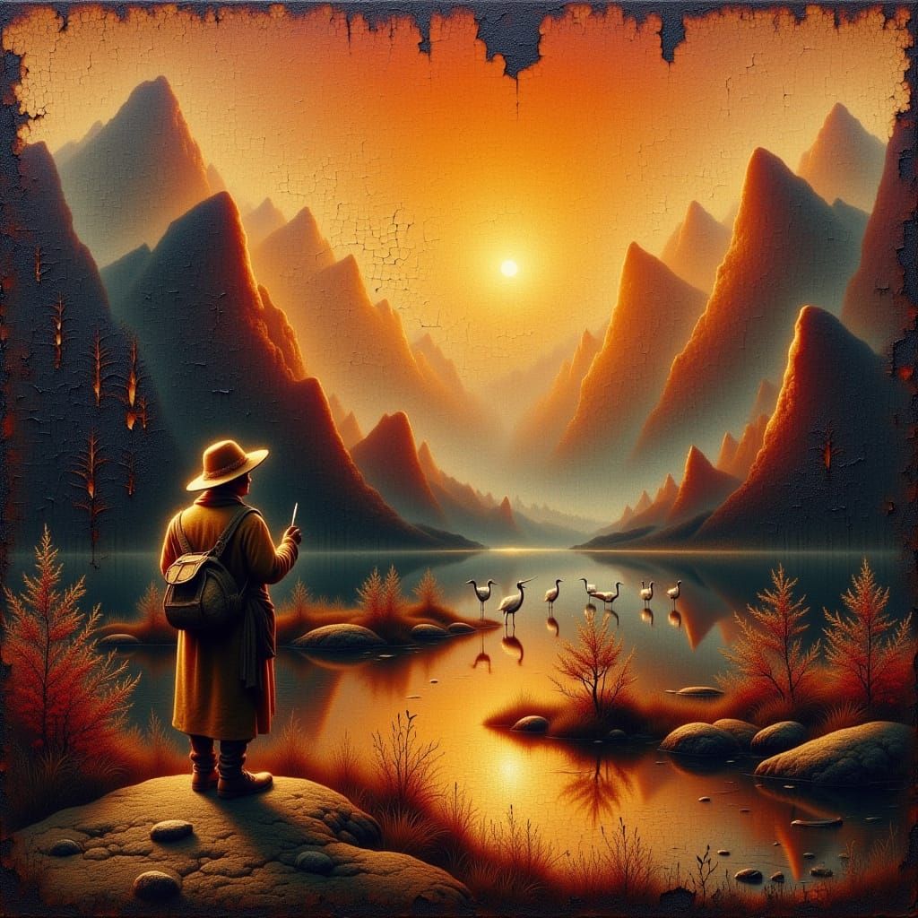 <lora:craquelur:1.0> cracks craquelure old japanese tapestry autumn sunset dark maroon. a lonely traveler in a straw hat stands by a mountai...