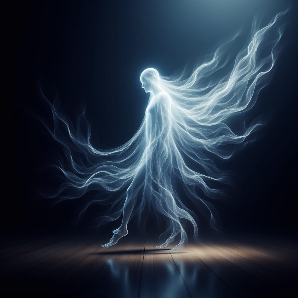 <lora:Insubstantial v1:1.0> Motion blur action side profile shot of Ghost walking away, Astrodimensional bioluminescent man, disintegrating...