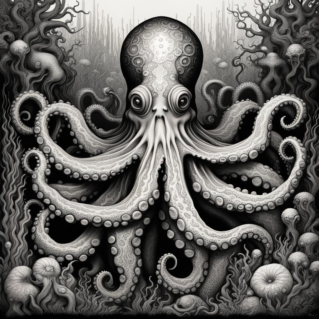 one octopus garden intricate detailed vibrant black and white lino ...