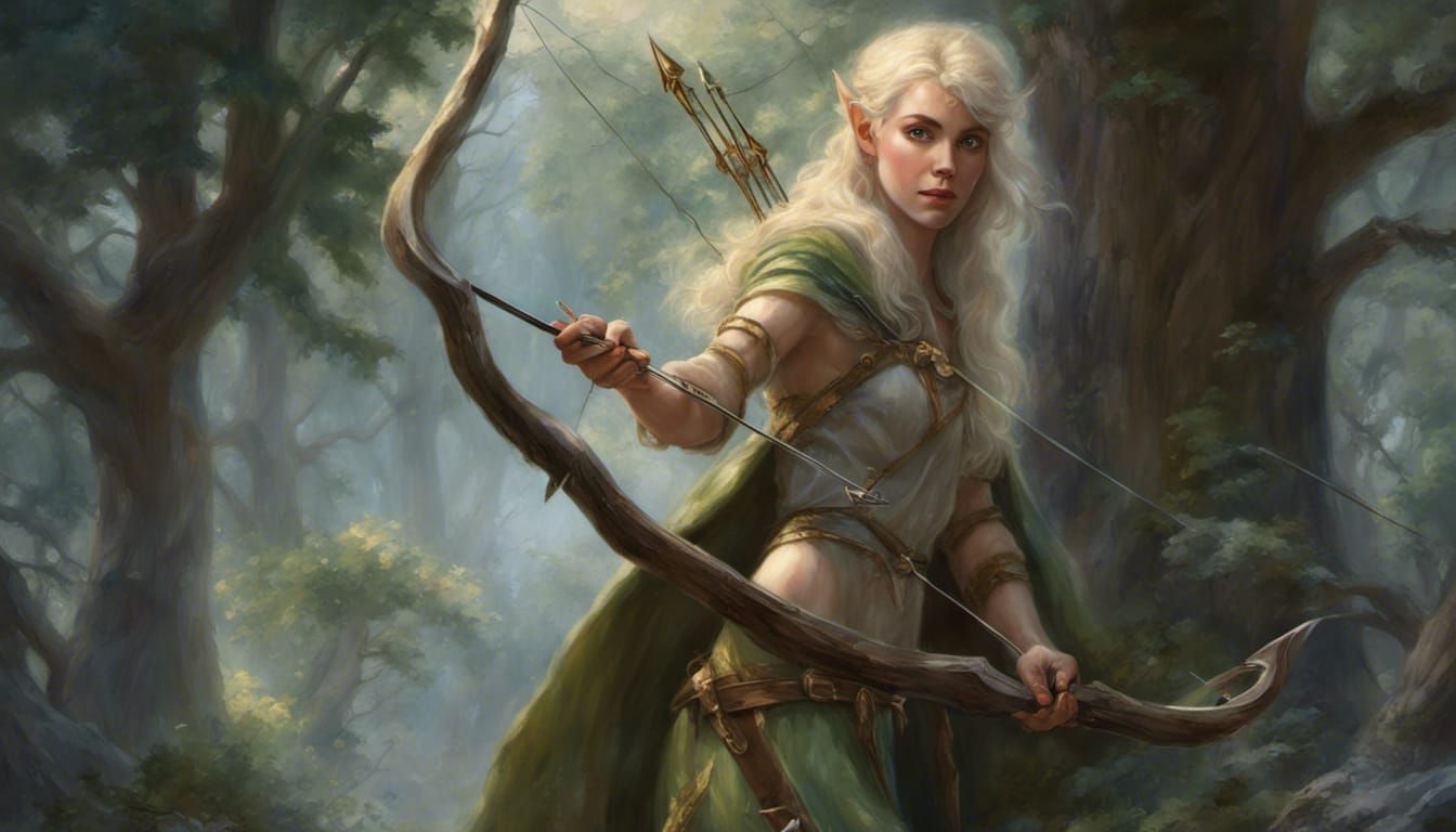 blonde female elf holding bow and arrow, cautious, deep in the woods ...