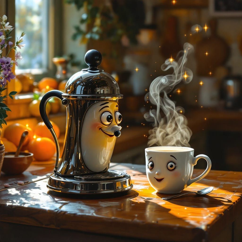 A coffee machine talking to a tea mug