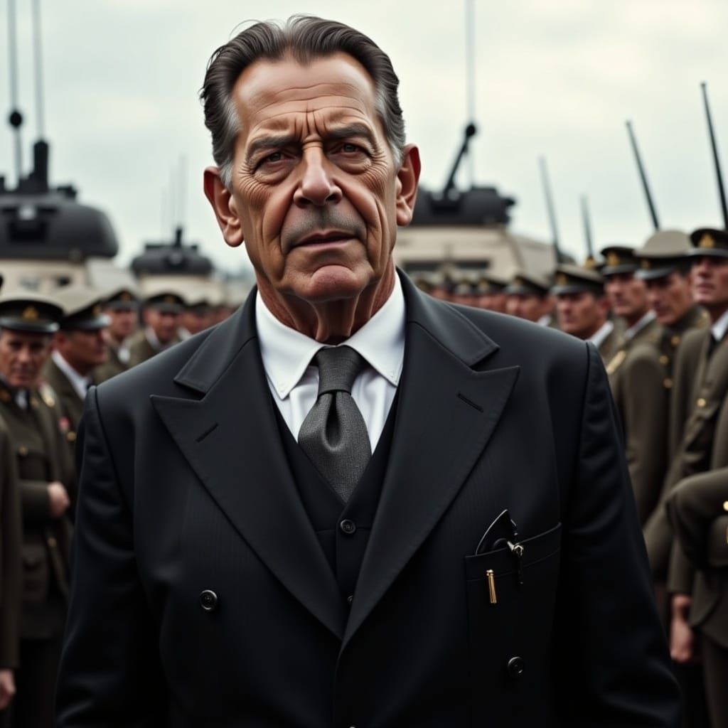 Maffia boss in front of modern army. Detailed face. <lora:Detailed realism:1.0>