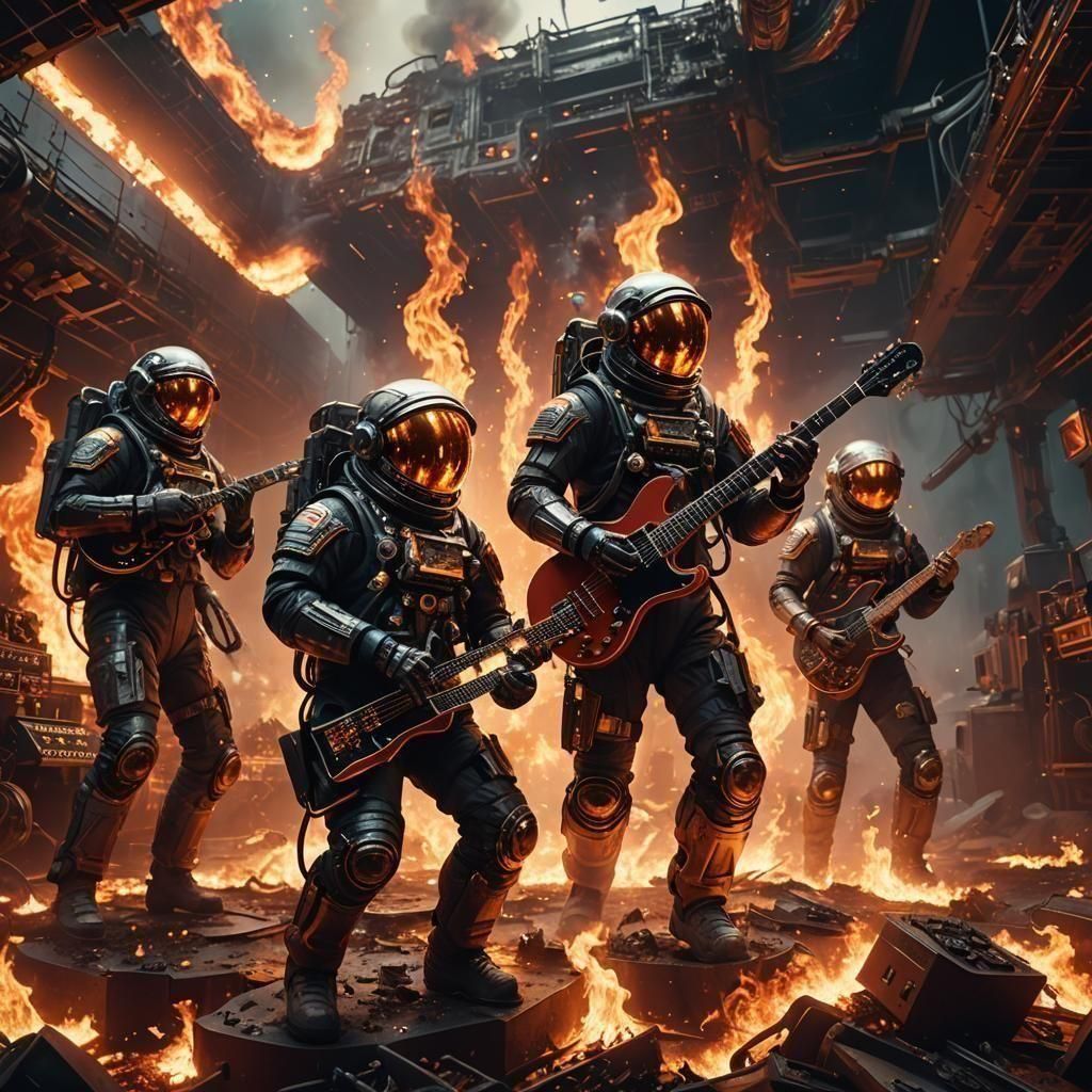 Epic Rammstein-style fire show with biomechanical astronaut musicians