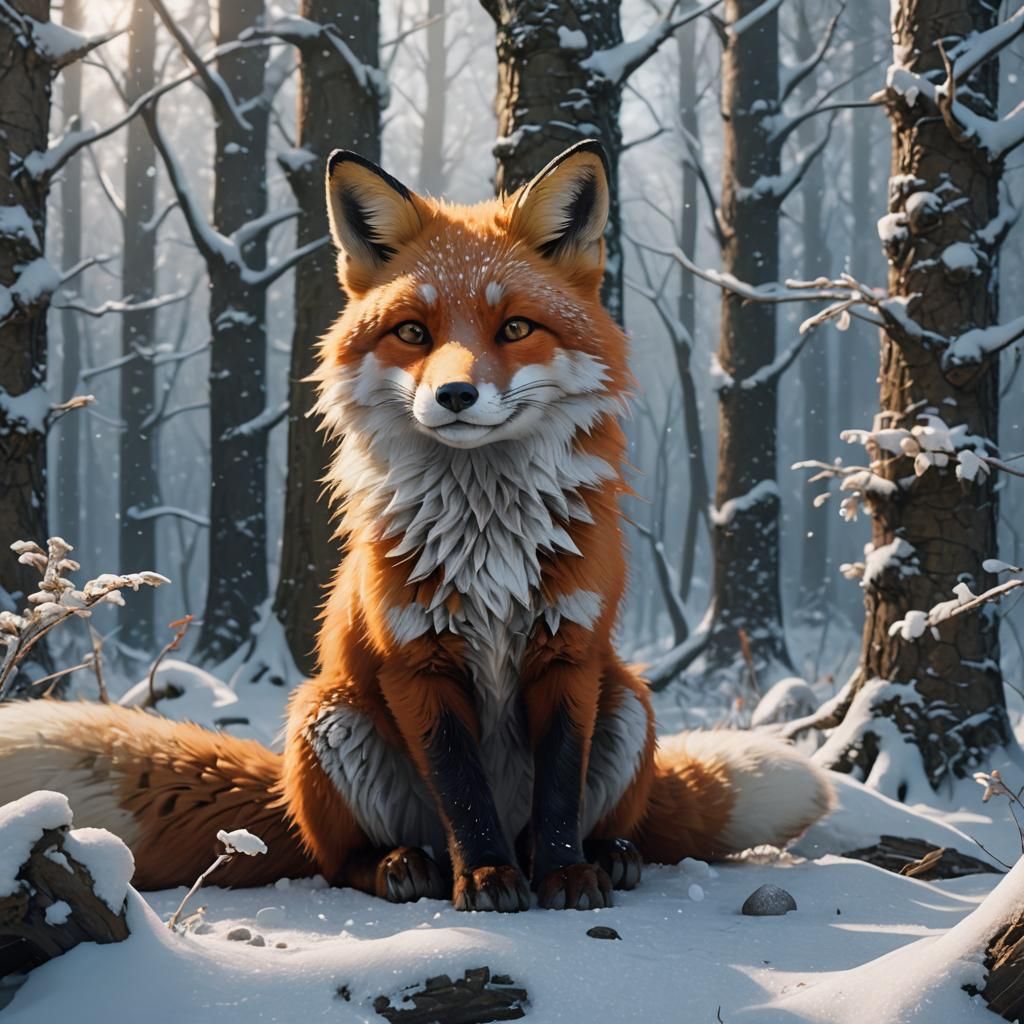 Cute fox sitting happily in the snowy woods