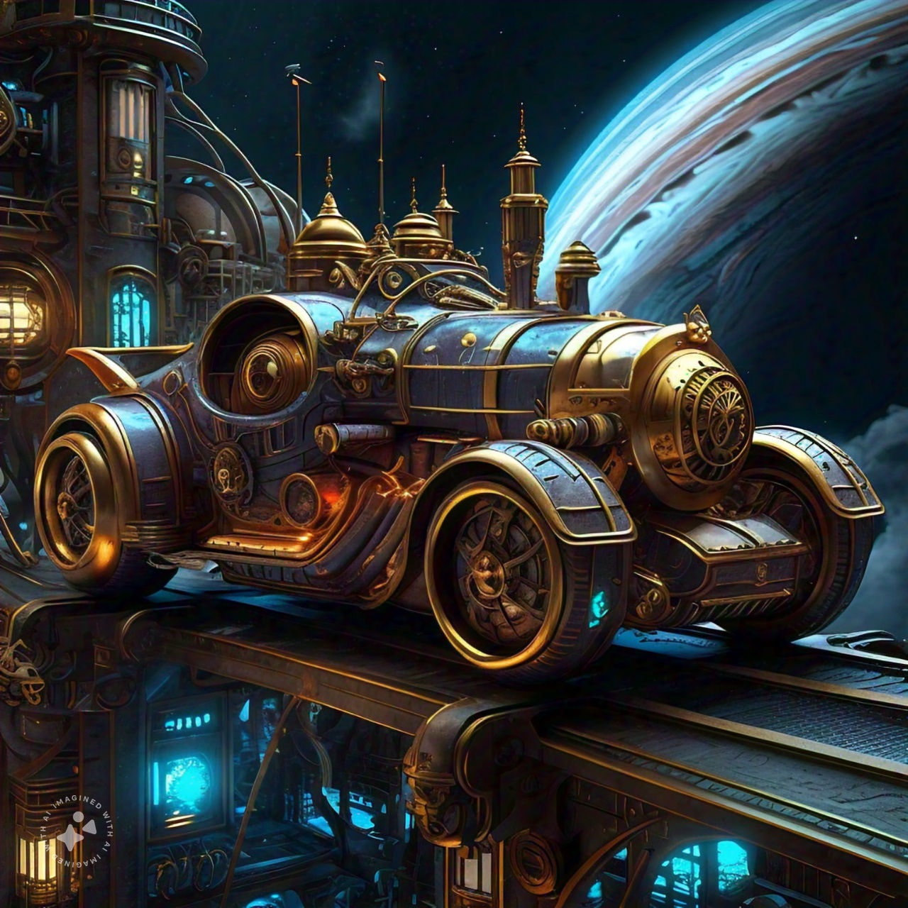 Futuristic Steampunk Car On Space Station