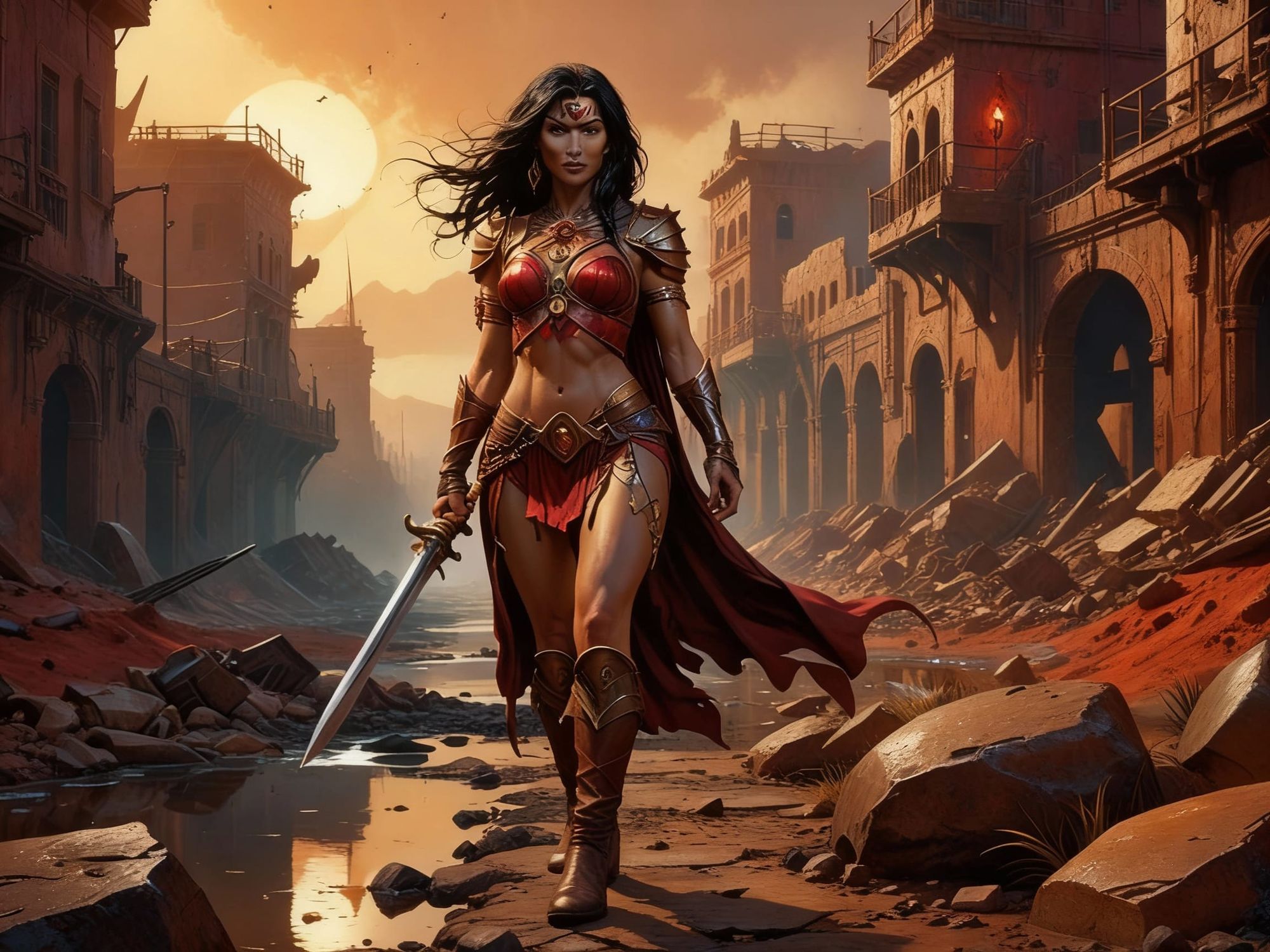 Dejah Thoris, walking through a ruined Martian city.
