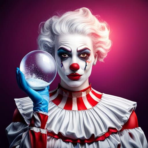 beautiful female clown holding a snow globe.