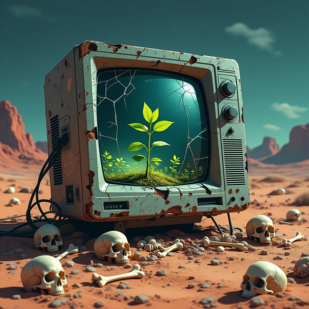Tiny green plant growing inside an old fashioned discarded computer monitor, with a cracked and slightly ...  by @Carnage_Asylum
