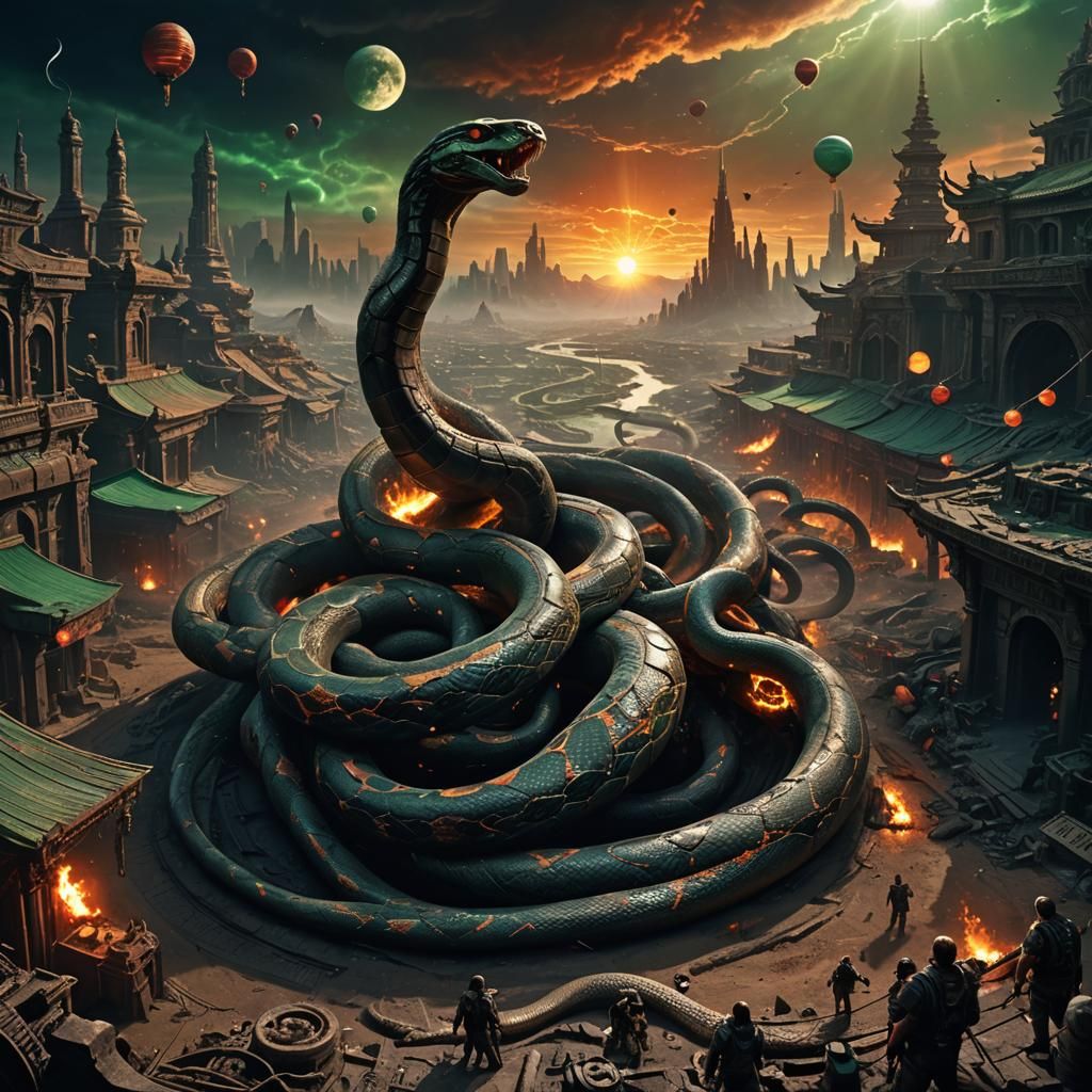 Giant Snake Coils Earth in Epic Fantasy Scene