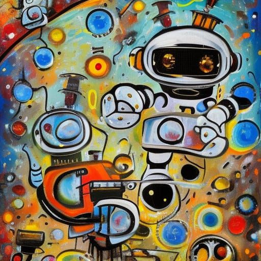 Cute robots in outer space in the style of Jackson Pollock