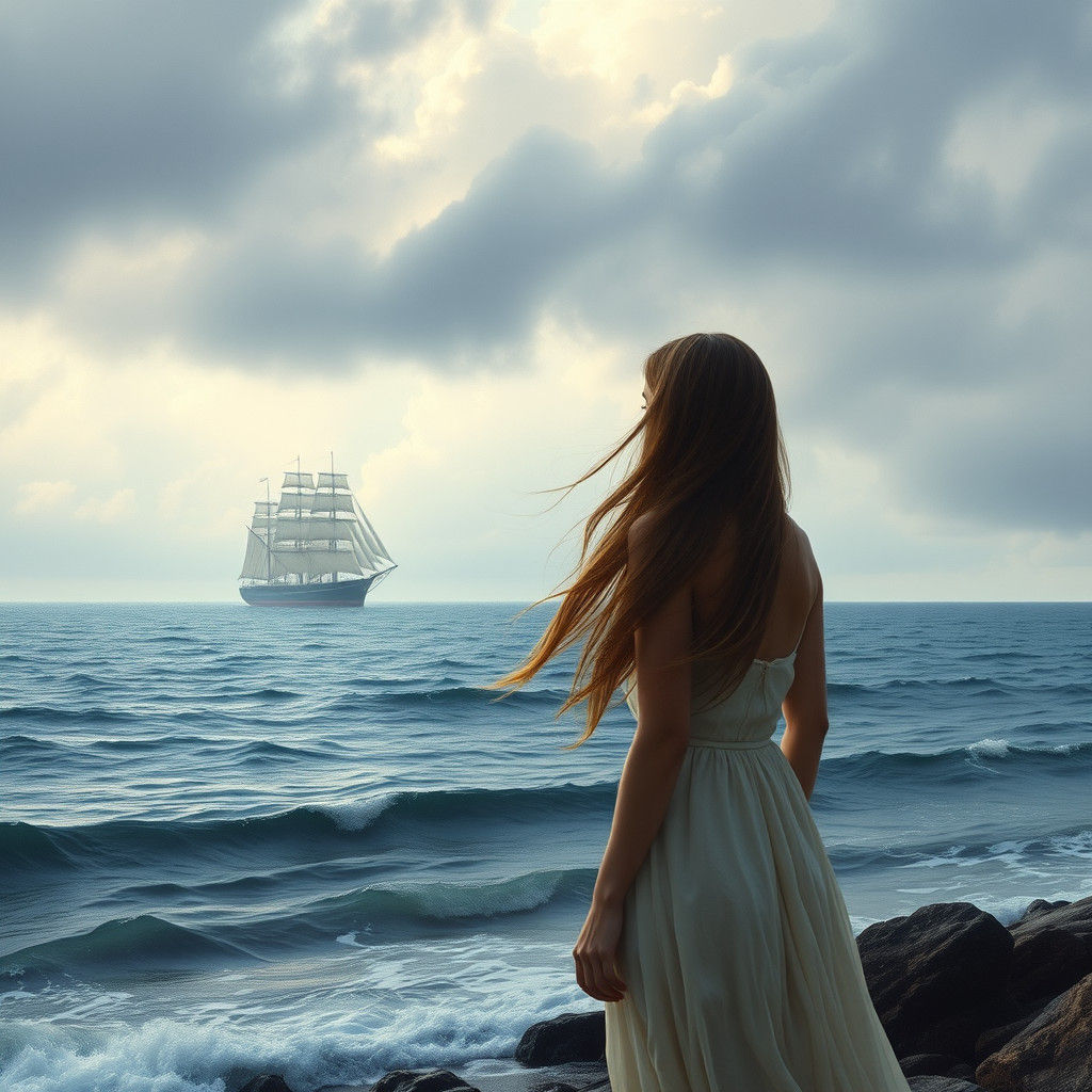 Woman at Shore in Surreal Dreamscape