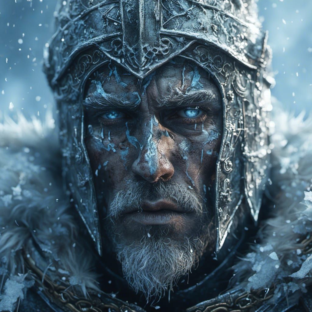 <lora:MJ6 Cinema Close Ups:1.0> A close up portrait of an ice soul medieval knight, in the style of Alex Alemany, illustration epic scene, c...