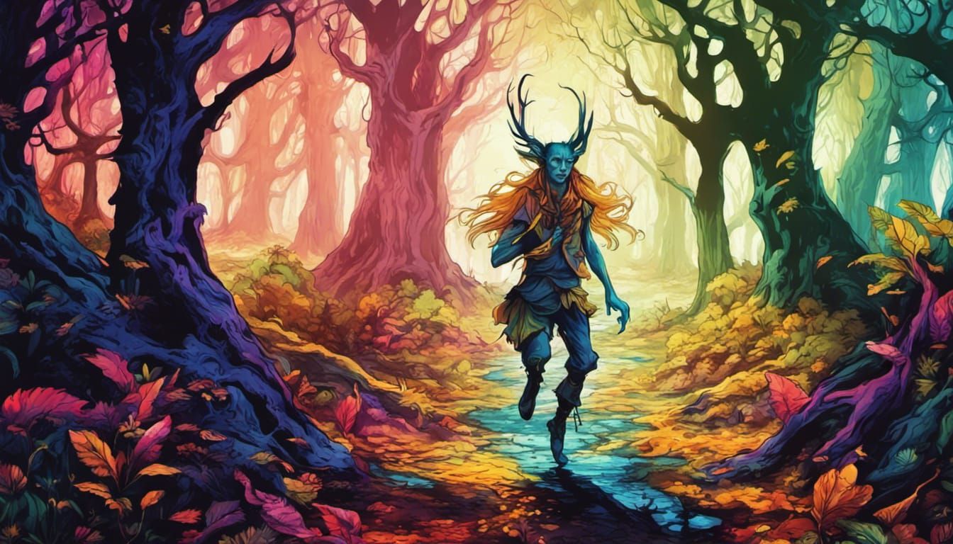 psychedelic forest elf running through an old dark fantasy f...